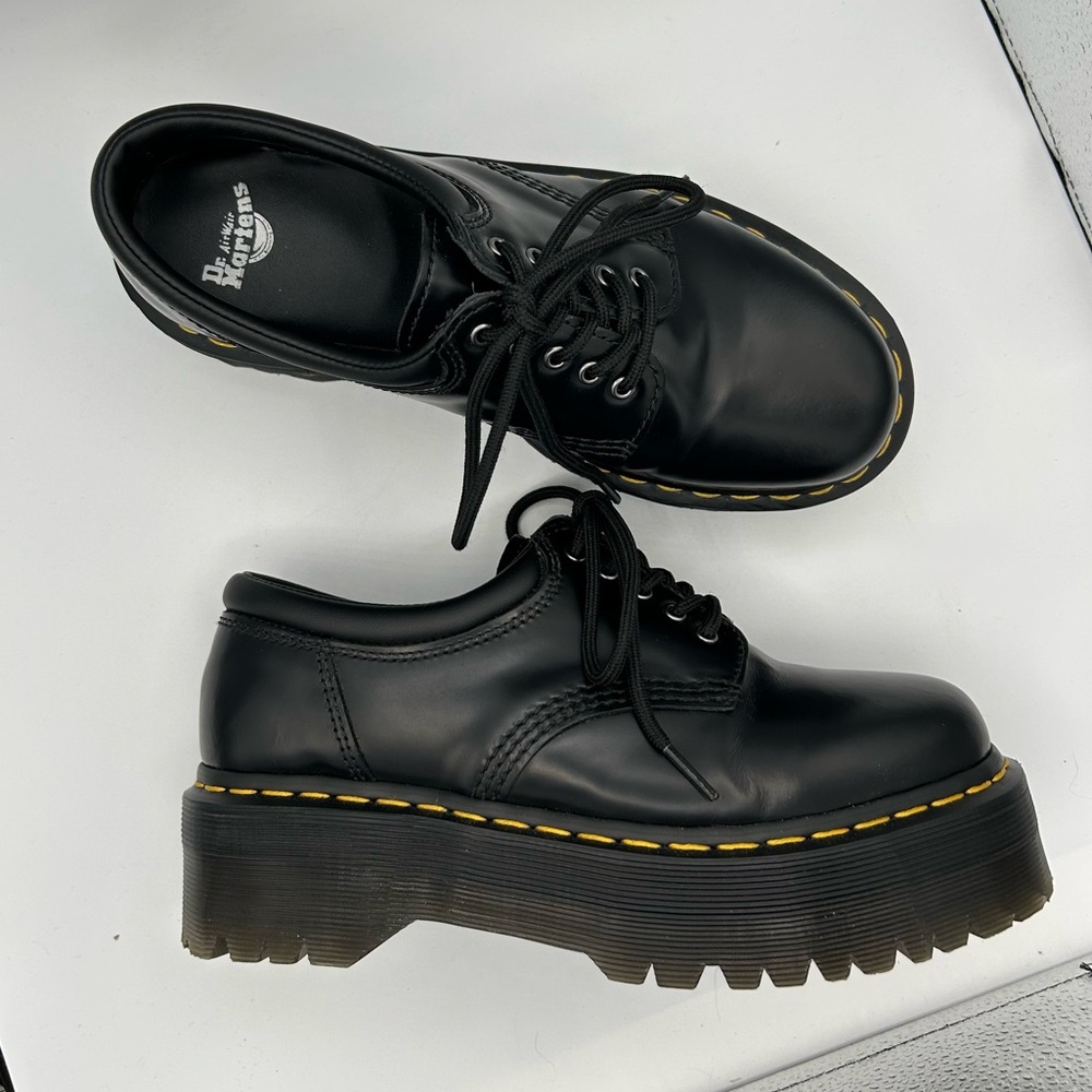 Dr. Martens Black Leather Platform Shoes with Yellow Stitching - Picture 2 of 9